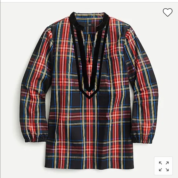 J Crew Velvet Trimmed V Neck Tunic Black red Tartan long sleeve blouse top XS - Picture 1 of 8